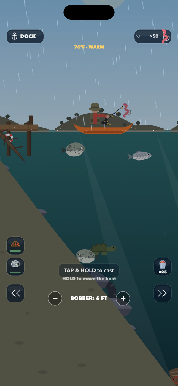 Fishing in the rain from a rowboat, with the water temperature reading 76 degrees and the bobber set to six feet.