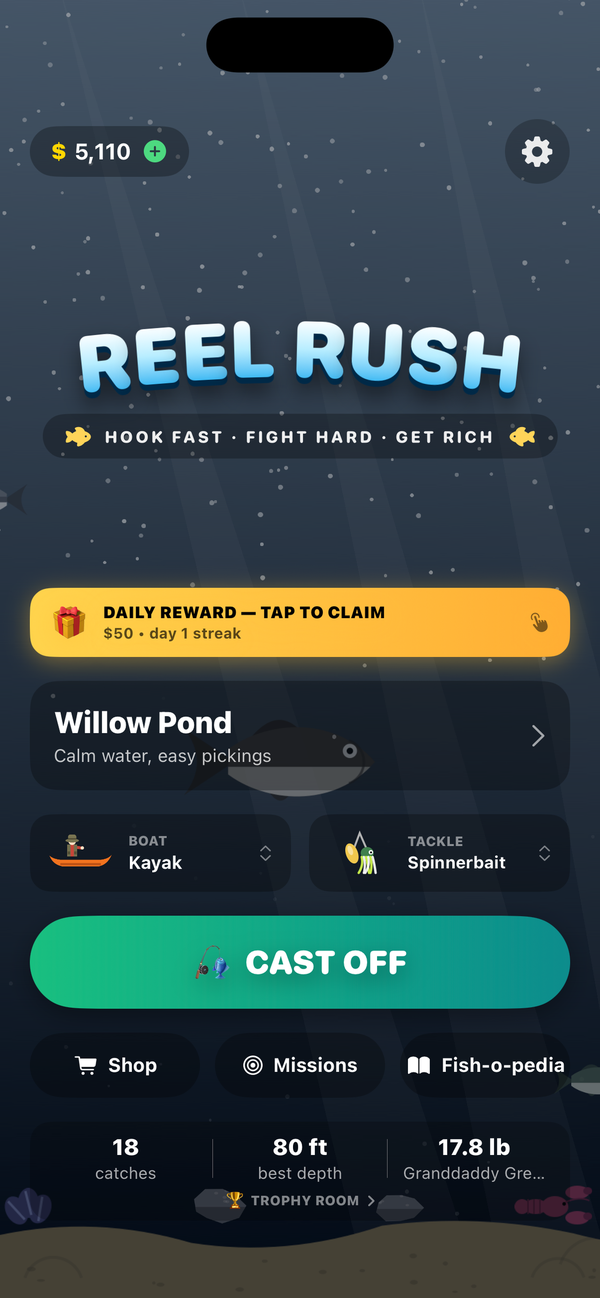 The main menu, showing the daily reward, the chosen water, the current boat and tackle, and the cast-off button.