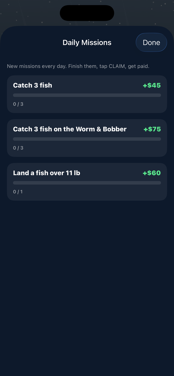The daily missions screen listing three missions with cash rewards and progress bars.