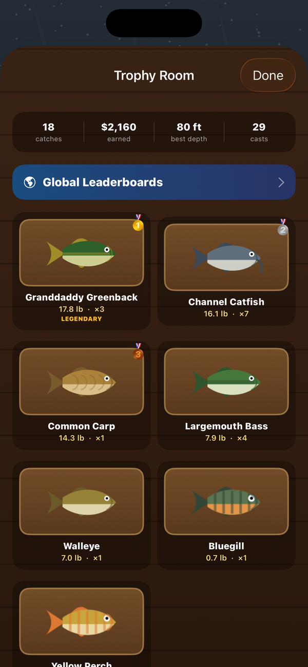 The trophy room showing personal-best catches with weights, plus a link to the global leaderboards.